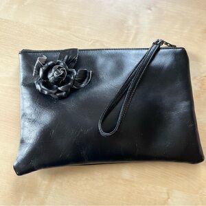 Ruth Saltz Black Leather Wristlet Clutch with Floral Detail